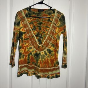Vtg Y2K Tryst by Mathew XL Tie Dye 100% Cotton Top Long Sleeve Boho Hippie USA